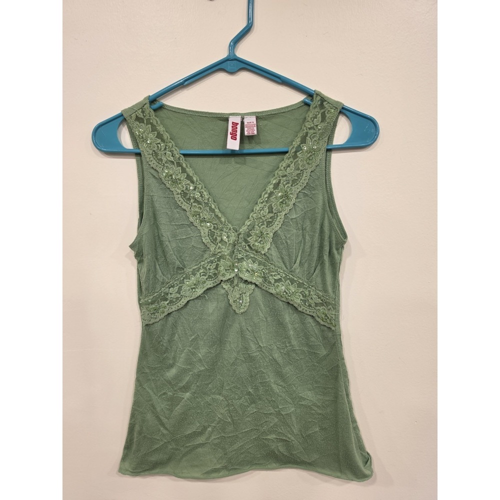 Y2K Bongo Small Green Lace Sequin Tank Top Fairycore Coquette Goblincore